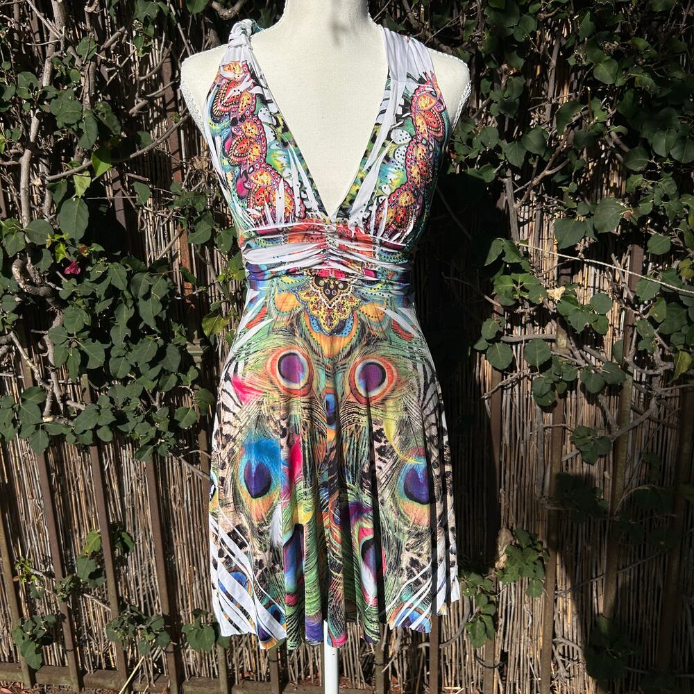 VTG Y2K Mcbling Deep V-Neck Peacock Print Sequin Mini Dress